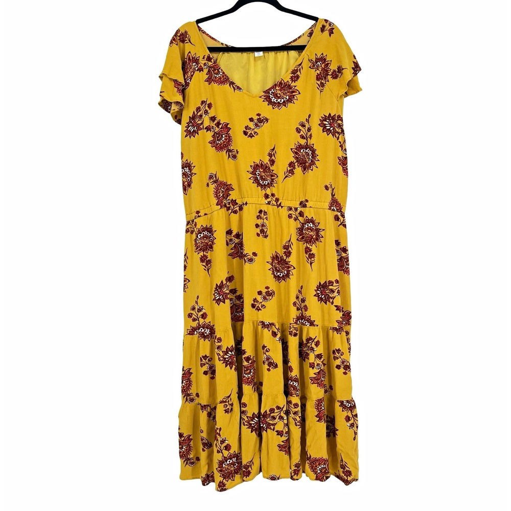 Old Navy XXL Mustard Yellow Floral Midi Dress Boho Cottagecore Tiered Peasant
